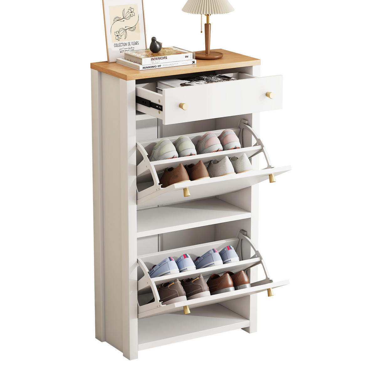 SCHUHKIPPER Weiß Holzoptik 2 Klappen Schublade Modern - Weiß, Holzwerkstoff (50/95/25cm) - FLIEKS
