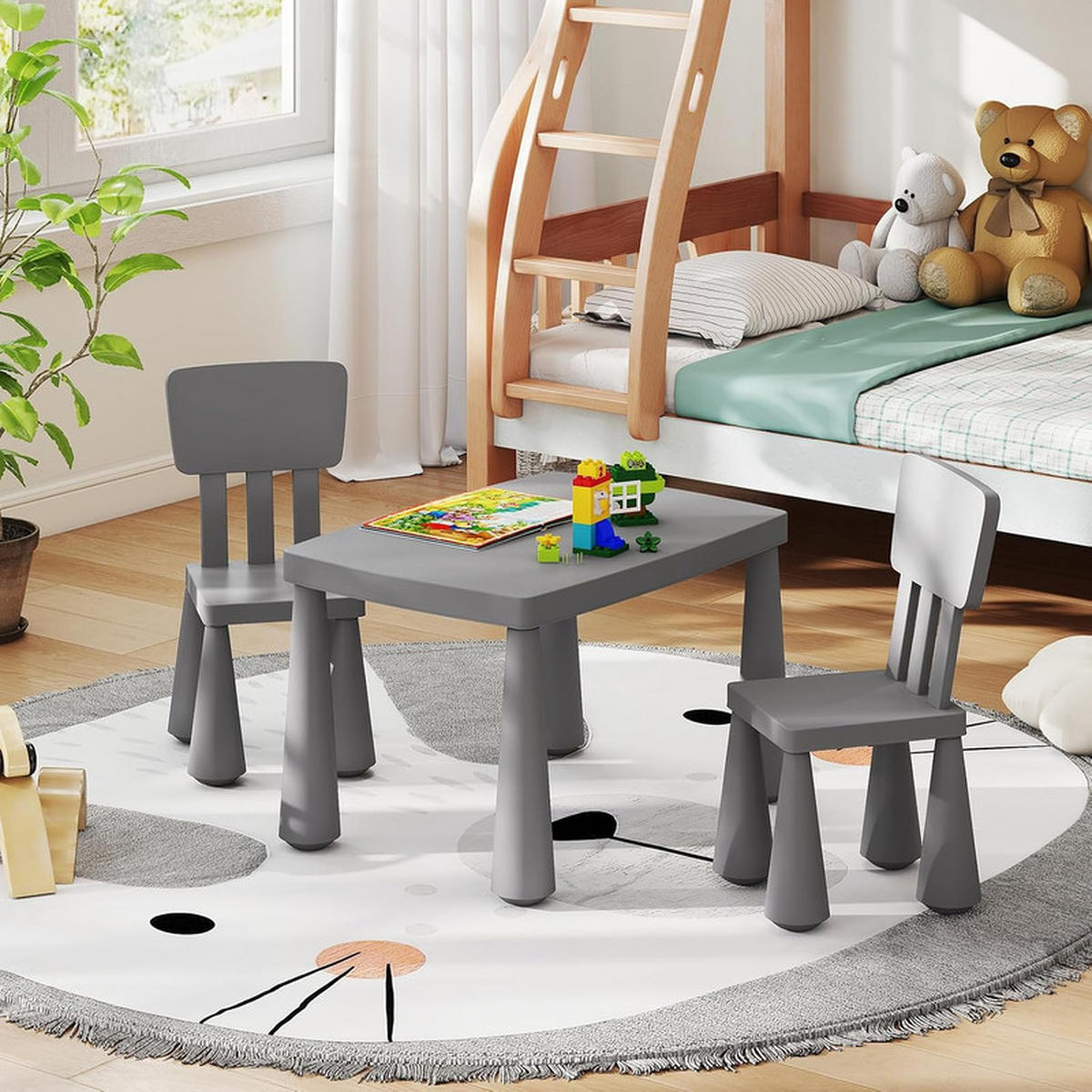 KINDERTISCH mit 2 Stühlen grau(3-tlg) - Grau, Kunststoff (76.5/49.5/54.5cm) - COSTWAY