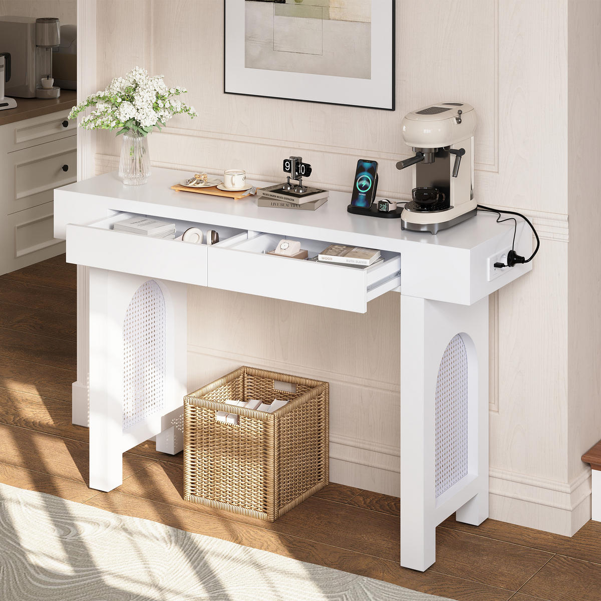 KONSOLENTISCH 120/35,5/76,5 cm Weiß aus MDF mit 2 Schubladen und Steckdosenleiste - Weiß, Holzwerkstoff (120/35.5/76.5cm) - OKWISH