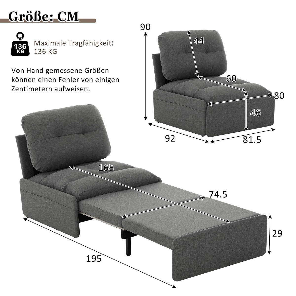SCHLAFSOFA 92/81.5/90 cm Grau mit Aufbewahrungstasche - Grau, Textil (81.5/90/195cm) - Oxeza