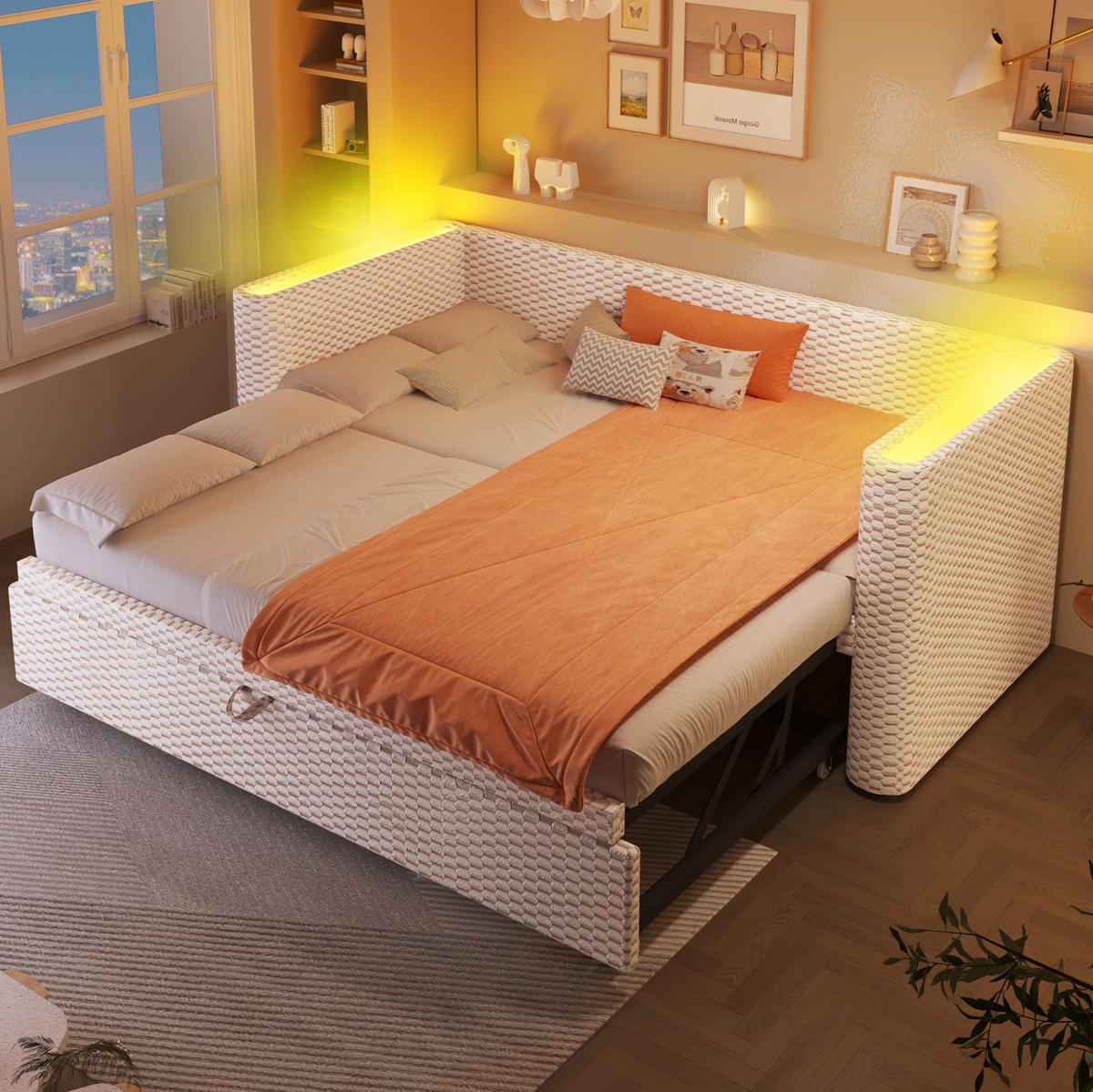 TAGESBETT aus Samt 90x200 cm Beige mit Ausziehfunktion, LED-Beleuchtung und Liegefläche 180x200 cm - Beige, Textil (90/200cm) - Modfu