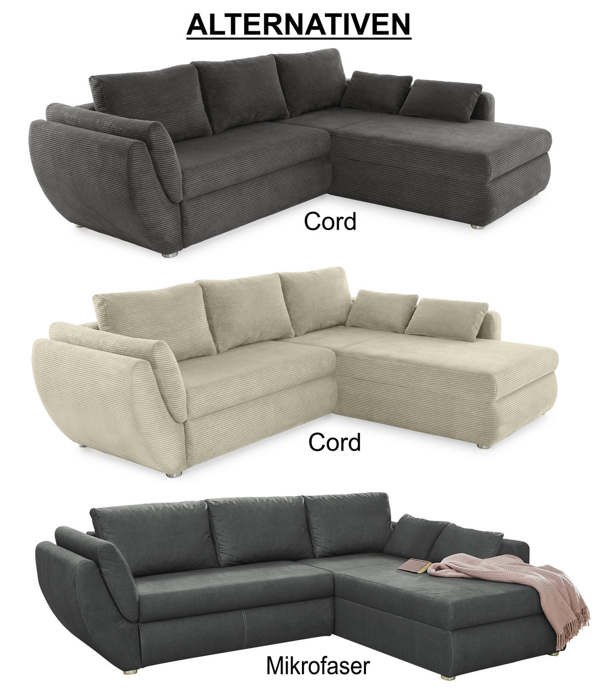 ECKSOFA mit Schlaffunktion und Bettkasten, seitenverkehrt montierbar B272/T200/H88 cm, Liegefläche 128x224 cm, Cord Grau Anthrazit / 15226 - Chromfarben/Schieferfarben, Kunststoff/Textil (272/200cm) - luma-home