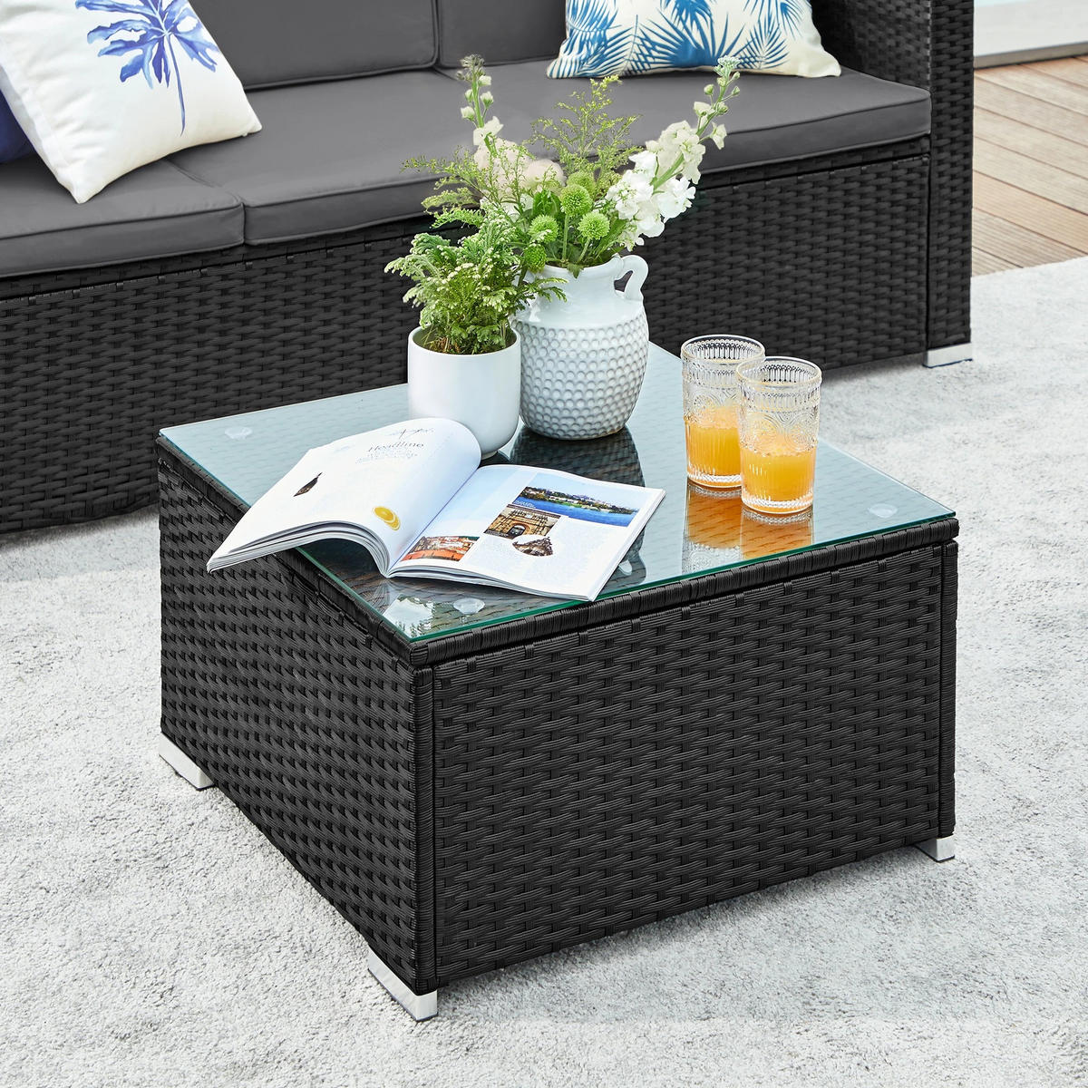 LOUNGEGARNITUR PE-Polyrattan Schwarz, Sofa mit Tisch - Schwarz, Textil - Kaket