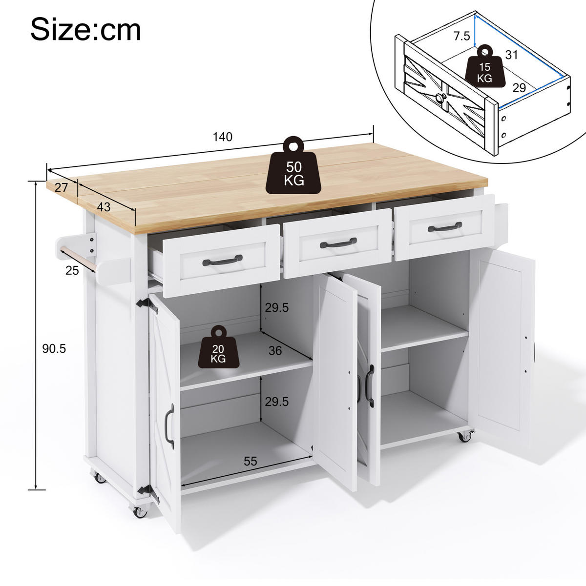 KÜCHENINSEL mit klappbarer Arbeitsplatte 140x43(70)x90,5 cm White/Natural - Weiß, Holz (70/90.5/140cm) - Beauniv