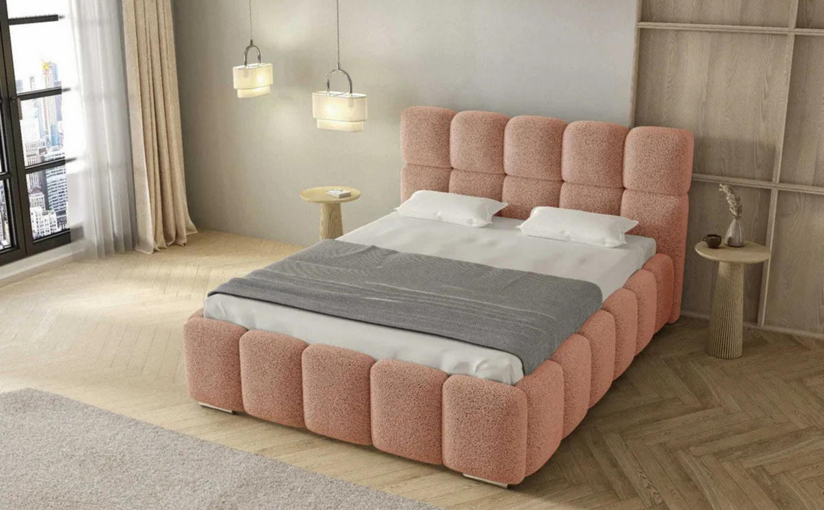 POLSTERBETT LUNA mit Kopfteil, 200 x 200 cm, Doppelbett mit Bettkasten und Lattenrost aus Metall, Boucle Stoff: Rosa - Rosa, Holz/Textil (200/200cm) - Agmat-Furniture