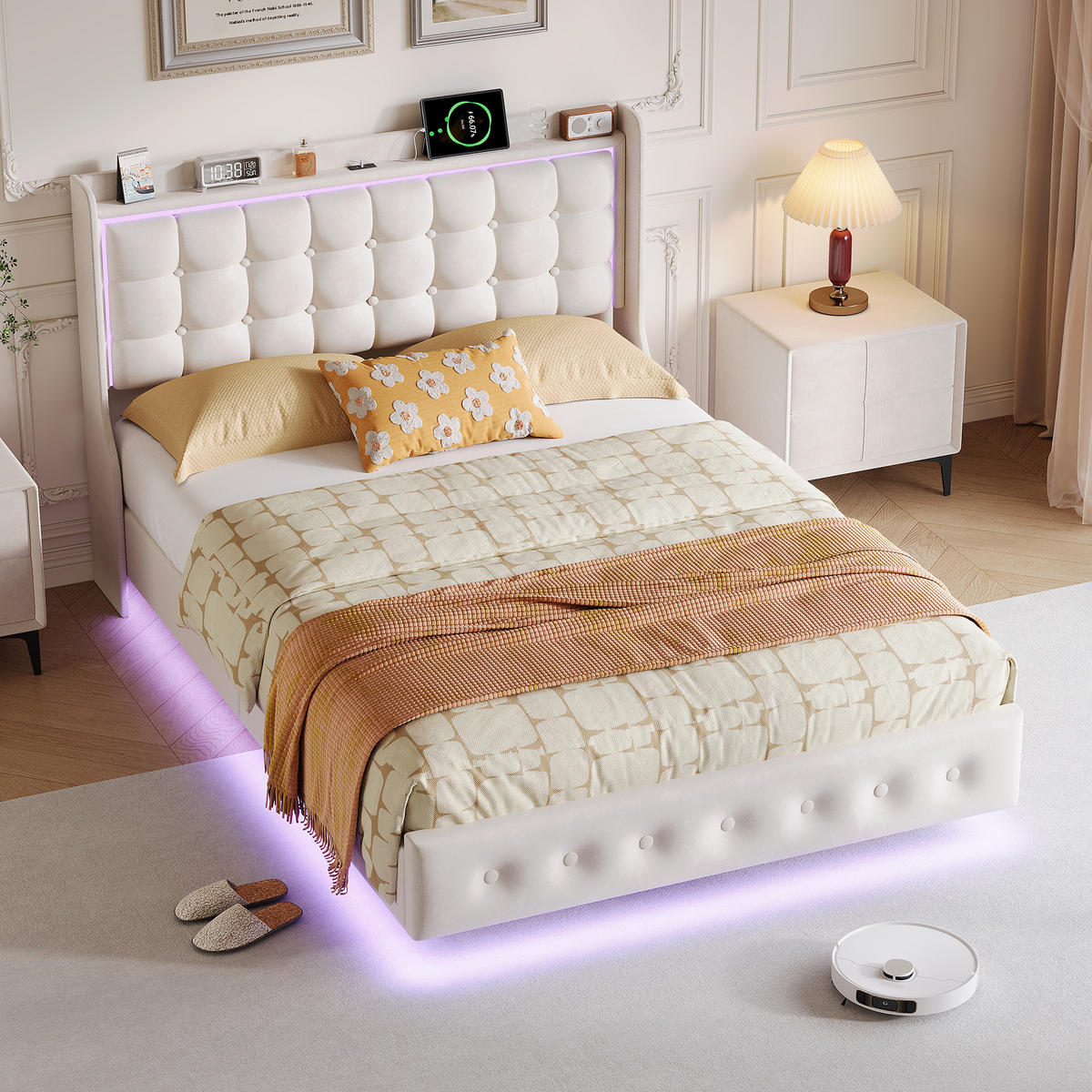 POLSTERBETT 140/200 cm weiß mit LED und Kopfteil - Weiß, Holz