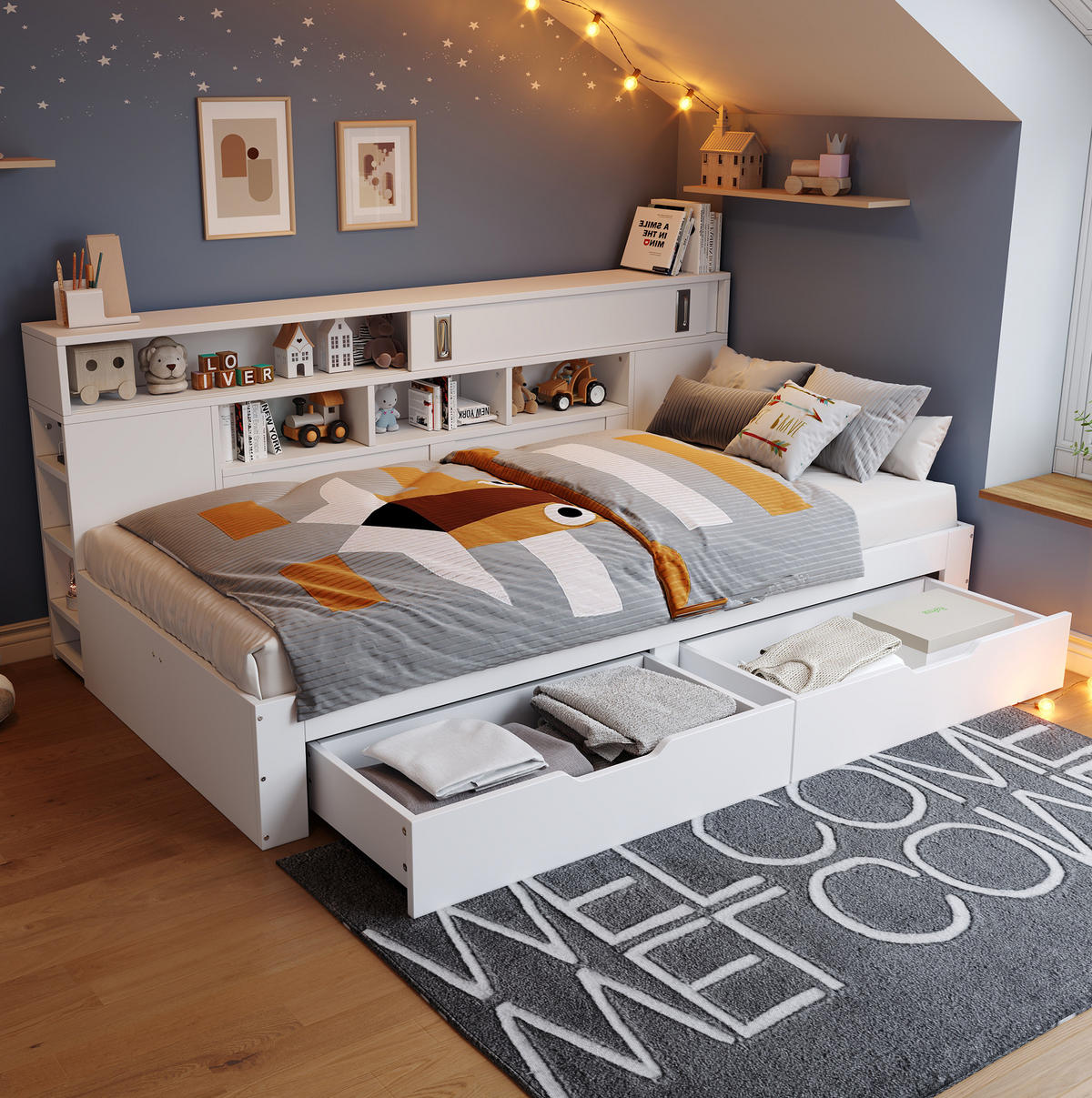 BETT aus MDF 140x200 cm Weiß mit 2 Schubladen, Regalen und Schiebetürschrank - Weiß, Holzwerkstoff (140/200cm) - Modfu