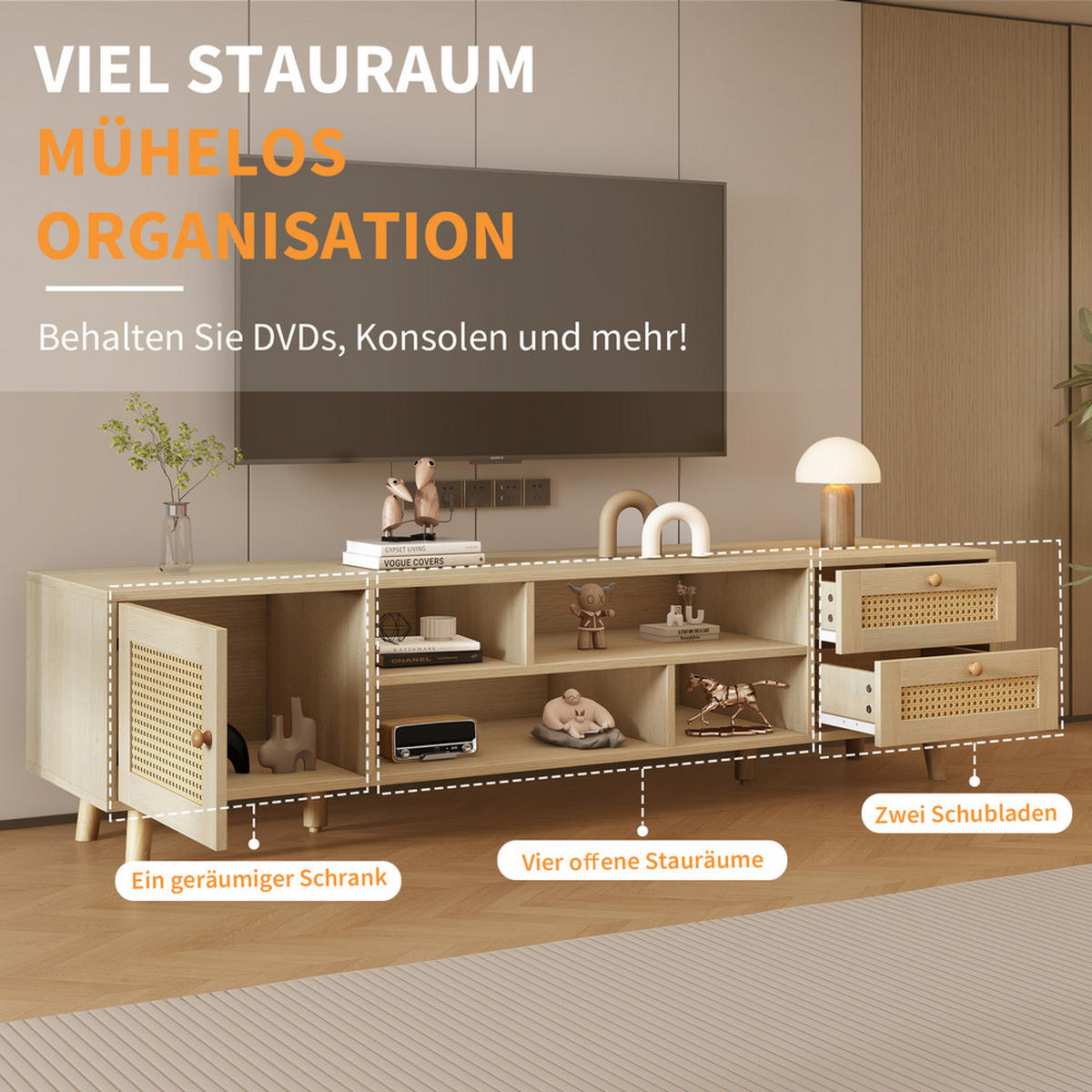 TV-SCHRANK 160cm Holzfarbe Rattan 2 Schubladen 1 Tür bis 70 Zoll - Braun, Holz (45.5/13.5/93cm) - FLIEKS