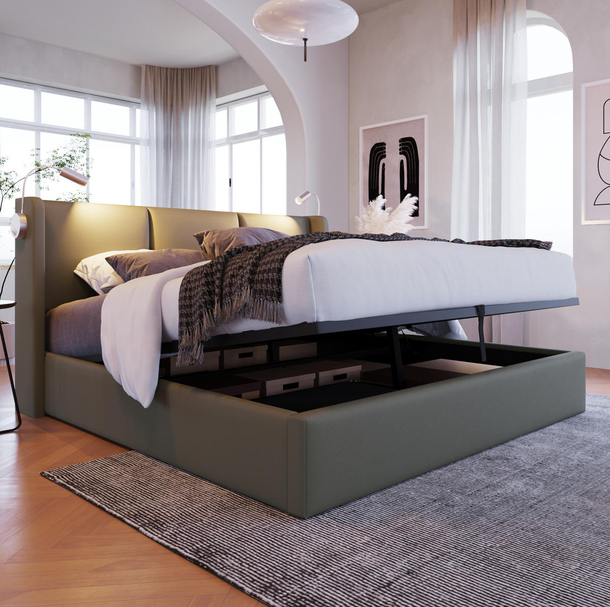 POLSTERBETT mit Bettkasten 140x200 cm PU Grau mit Matratze - Grau, Metall (140/200cm) - Meubliv