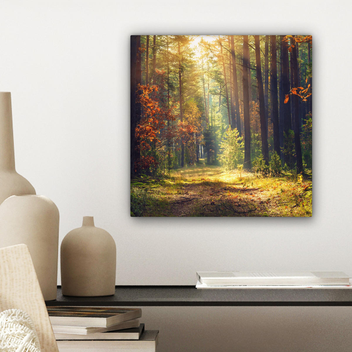 LEINWANDBILD Wald - Herbst - Bäume Deko Wohnzimmer 20x20 cm - Dunkelgrün, Textil (20/20cm) - MuchoWow