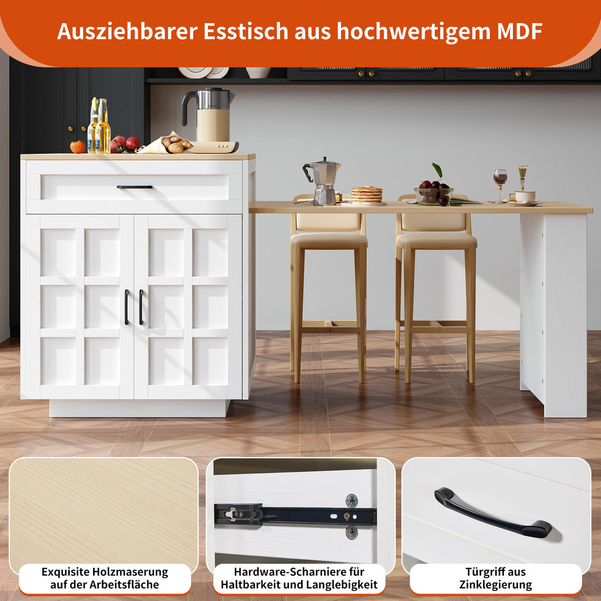 AUSZIEHBARER Bartisch aus MDF mit Stauraum, 133-202/70/93,5 cm, Weiß - Weiß, Holzwerkstoff (70/93.5/133cm) - Redom