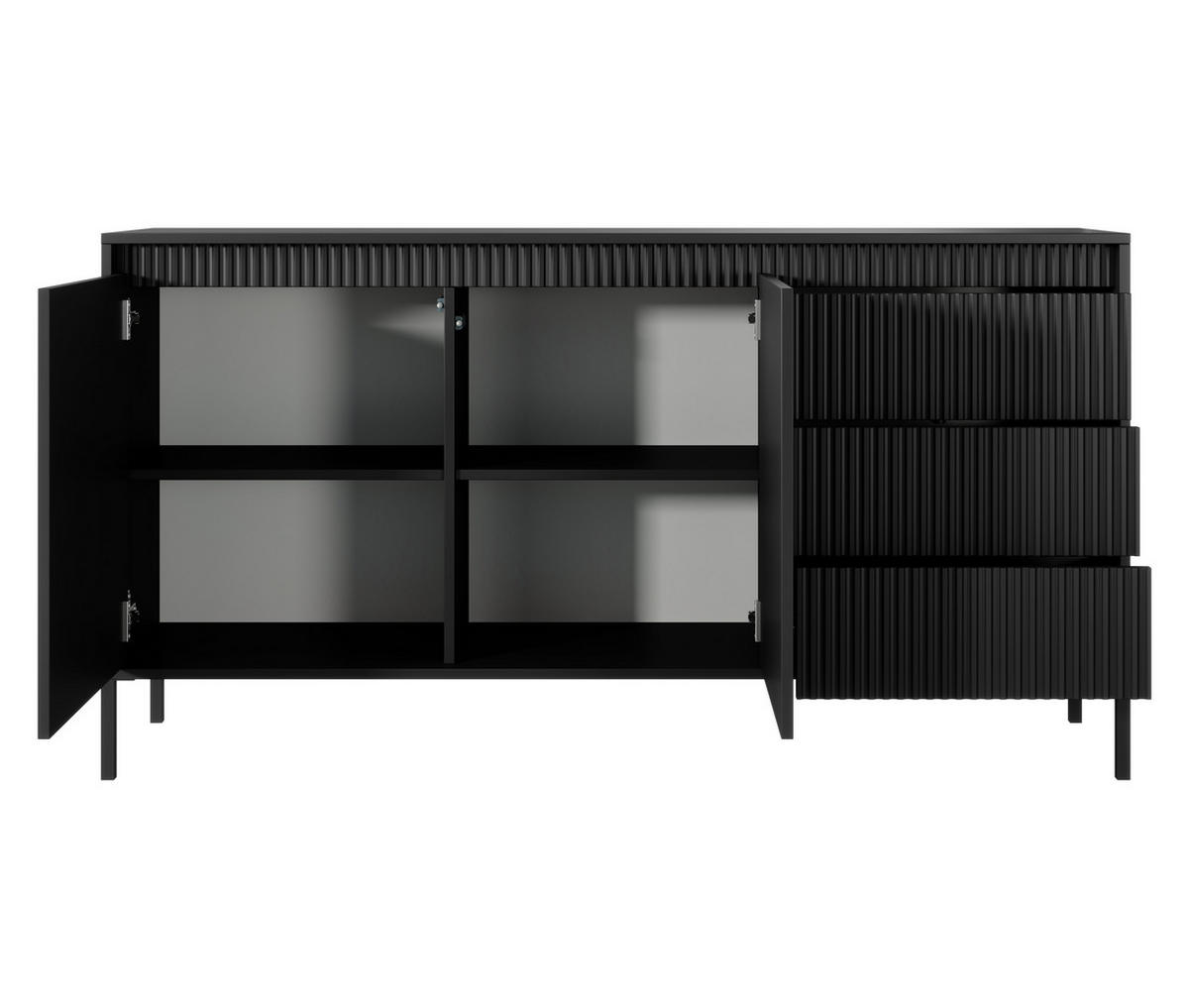 SIDEBOARD Trentinis 2T 3S Schwarz 153,5/81,4/39,5 cm – Geriffelten Fronten - Schwarz, Holzwerkstoff/Metall (153.5/81.4/39.5cm) - AX Living