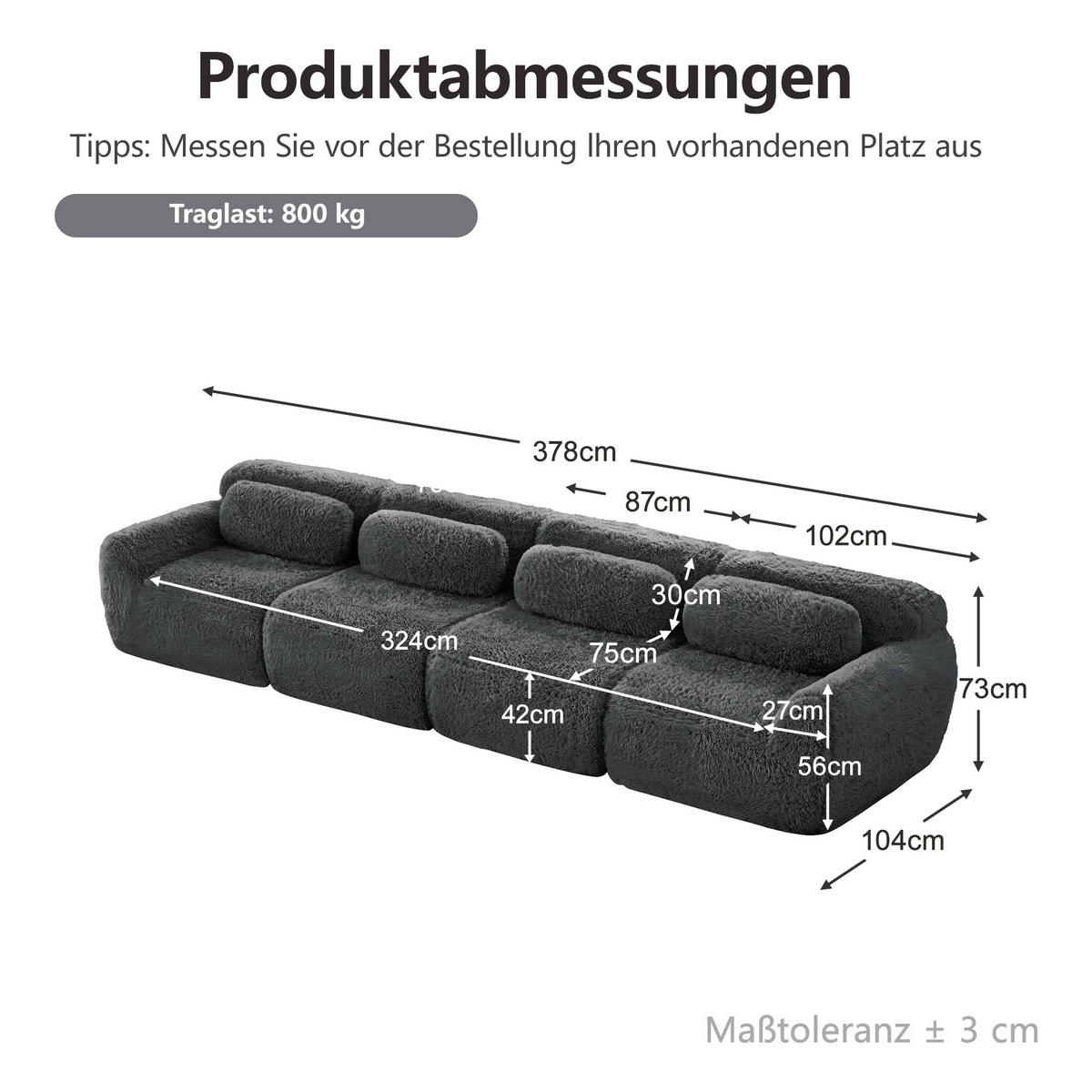 4-SITZER mit 4 Sitzen, Kissen und 32D-Schaumstoff in Grau - Grau, Textil (378/73/104cm) - EVRYAE