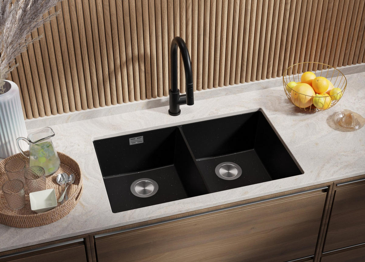 UNTERBAUSPÜLE GRANIT London Twin, 2-er set Schwarz Metallic 76/47 cm 2 Becken + Ablauf-Set ab 80er Unterschrank - Chromfarben/Schwarz Hochglanz, Kunststoff (76/20/47cm) - Primagran