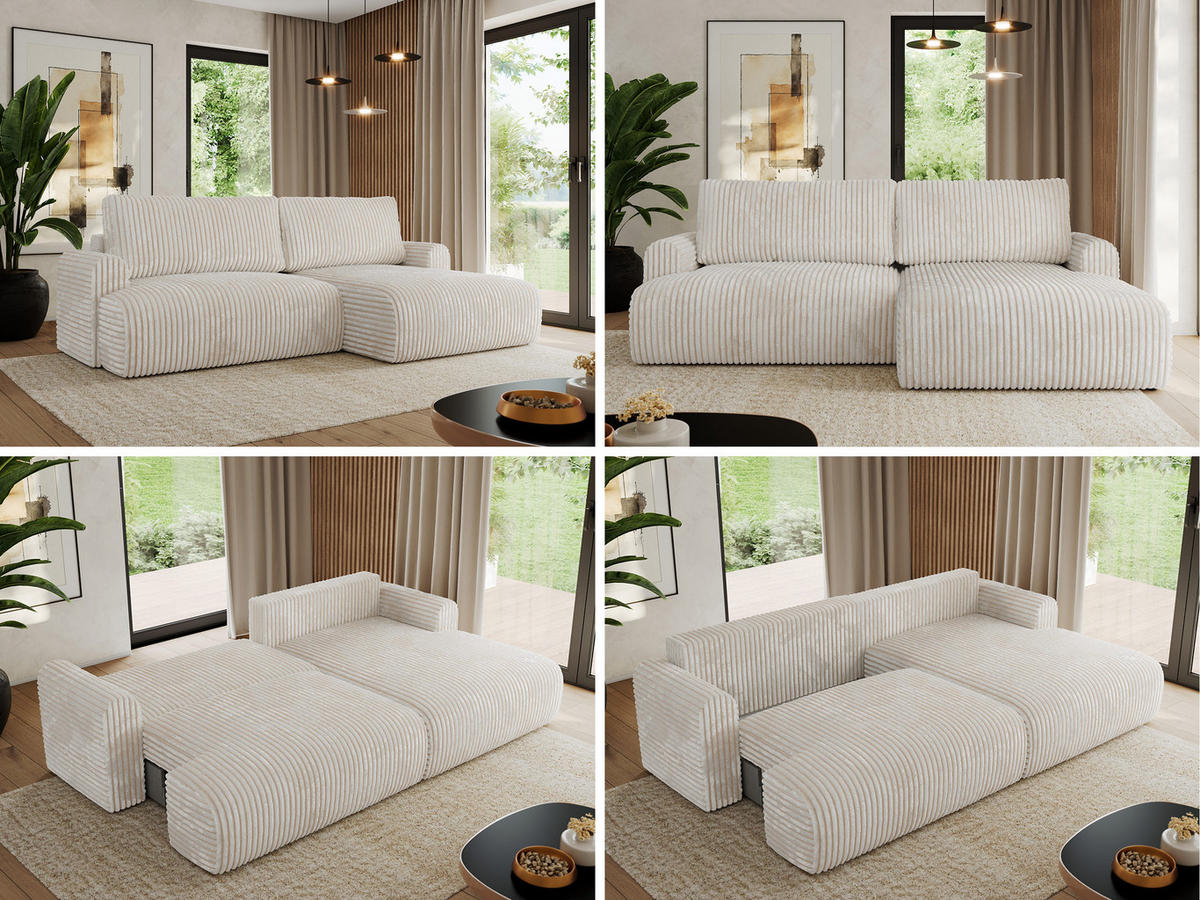 ECKSCHLAFSOFA TONO L Creme Cord - rechts - Creme/Schwarz, Kunststoff/Textil (150/260cm) - MKS