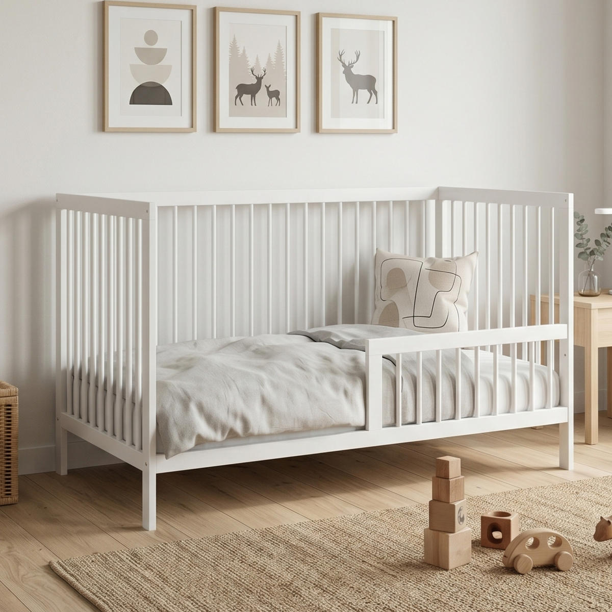BABYPOSTIEĽKA s polovičnou bočnou zábranou 70x140 cm v bielej farbe - biela, drevo (70/140cm) - Kids Collective