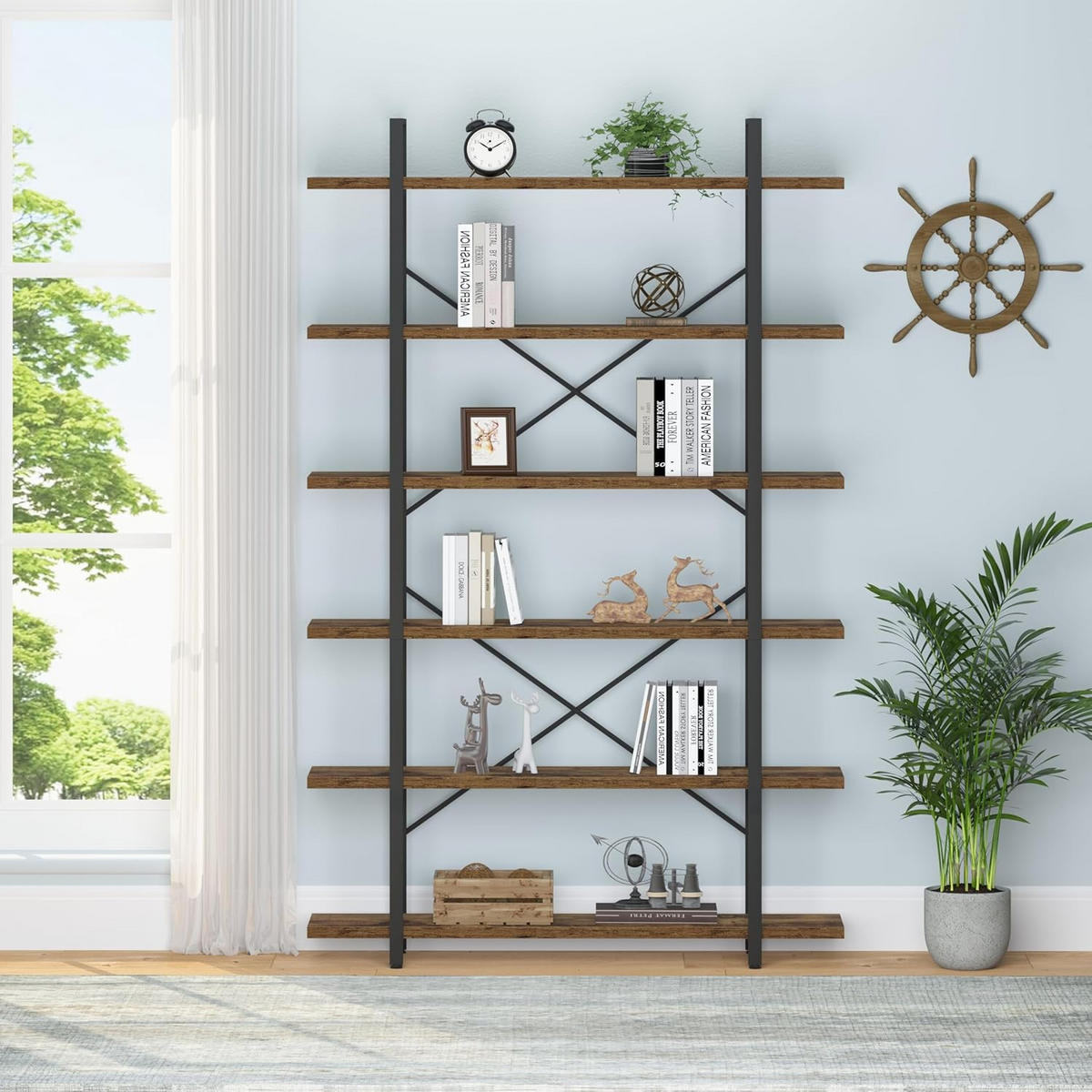 STANDREGAL Industrial Holzoptik Metall 6 Fächer 120 x 32 x 215,5 cm - Wildeiche, Holzwerkstoff/Metall (122/215.5/32cm) - Quality Elegance