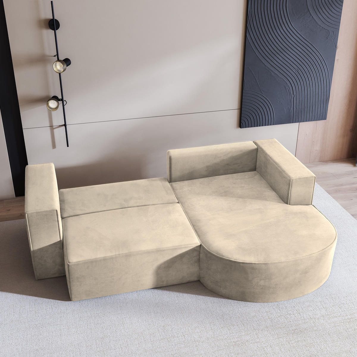 ECKSOFA SORELA M R-S Creme Velours-Stoff mit Schlaffunktion - Creme, Holz (263/174cm) - MASSENO