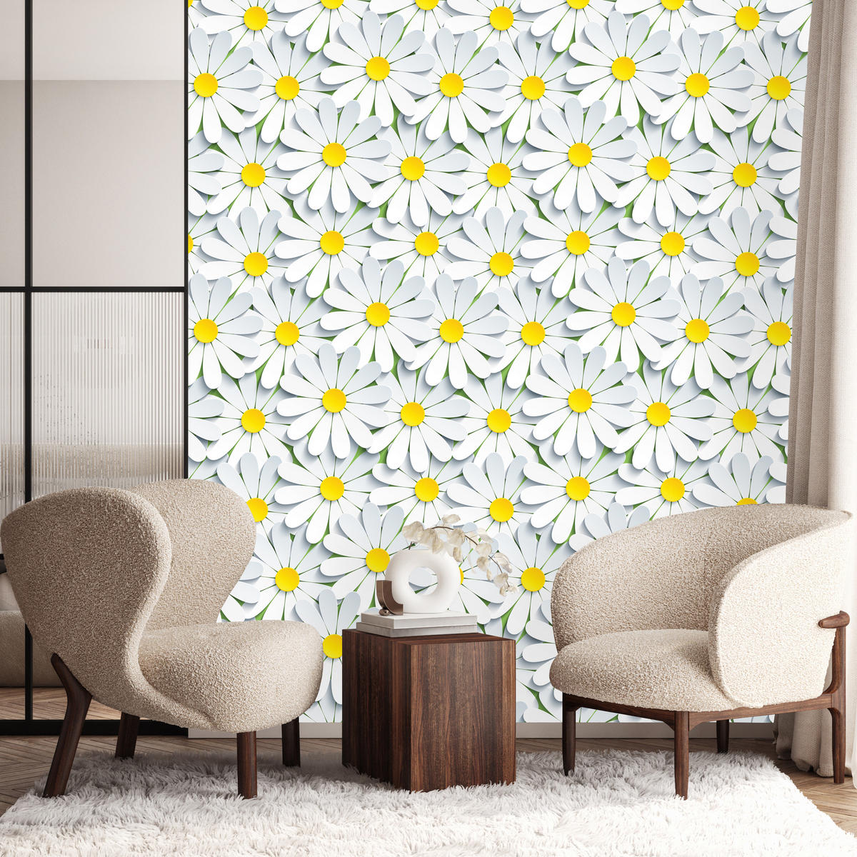 VLIESTAPETE Kamillenblüten – Weiß, Gelb, Grau – 50x1000 cm - Gelb/Weiß, Papier (50/1000cm) - Muralo