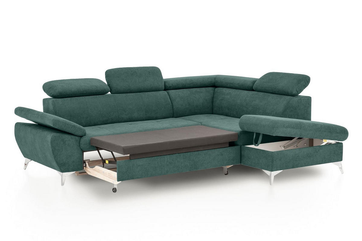 ECKSOFA mit Schlaffunktion und praktischem Bettkasten - Chromfarben/Grün, Textil/Metall (209/256cm) - Cotta