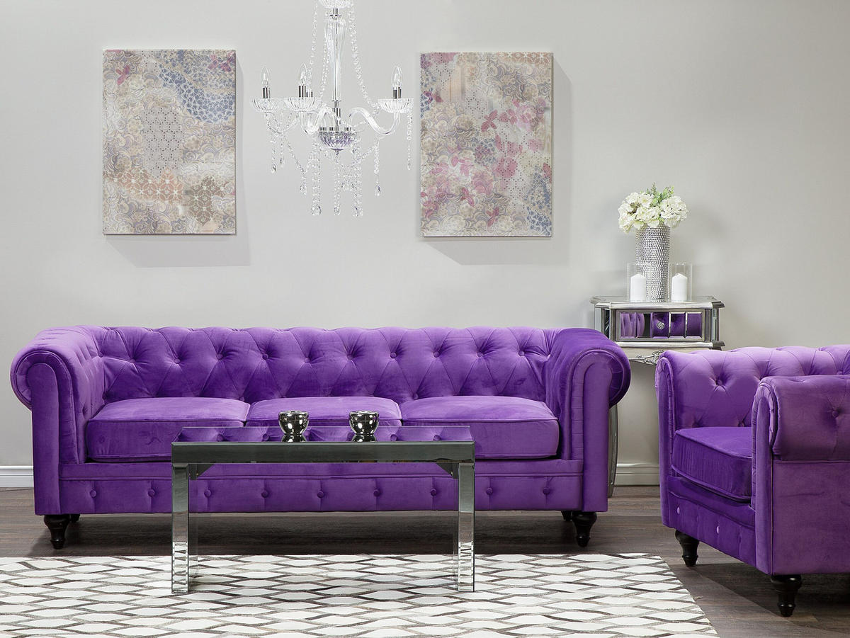 3-SITZER-SOFA Samtstoff Violett Chesterfield - Violett, Textil (202/70/75cm) - Beliani