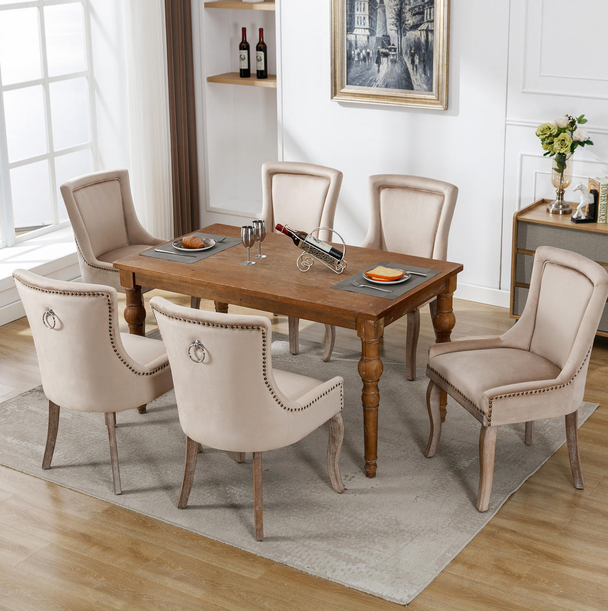 ESSZIMMERSTUHL gepolstert Samt Beige Massivholzrahmen 6er-Set - Beige, Holz (61/91/55.2cm) - Meubliv