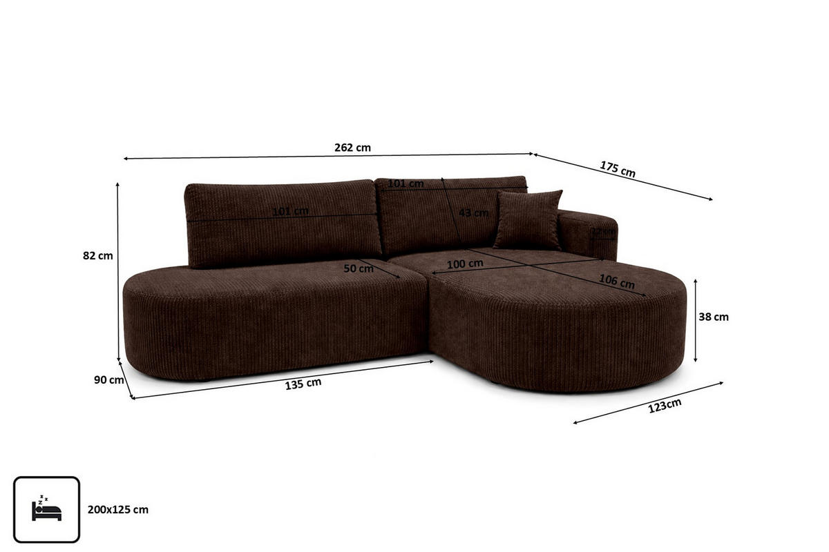 ECKSOFA Mit Schlaffunktion Und Bettkasten, Cordstoff Poso, Braun, Rechts, ROUND ONE OPEN XL - Braun, Holz (262/175cm) - Kaiser Möbel