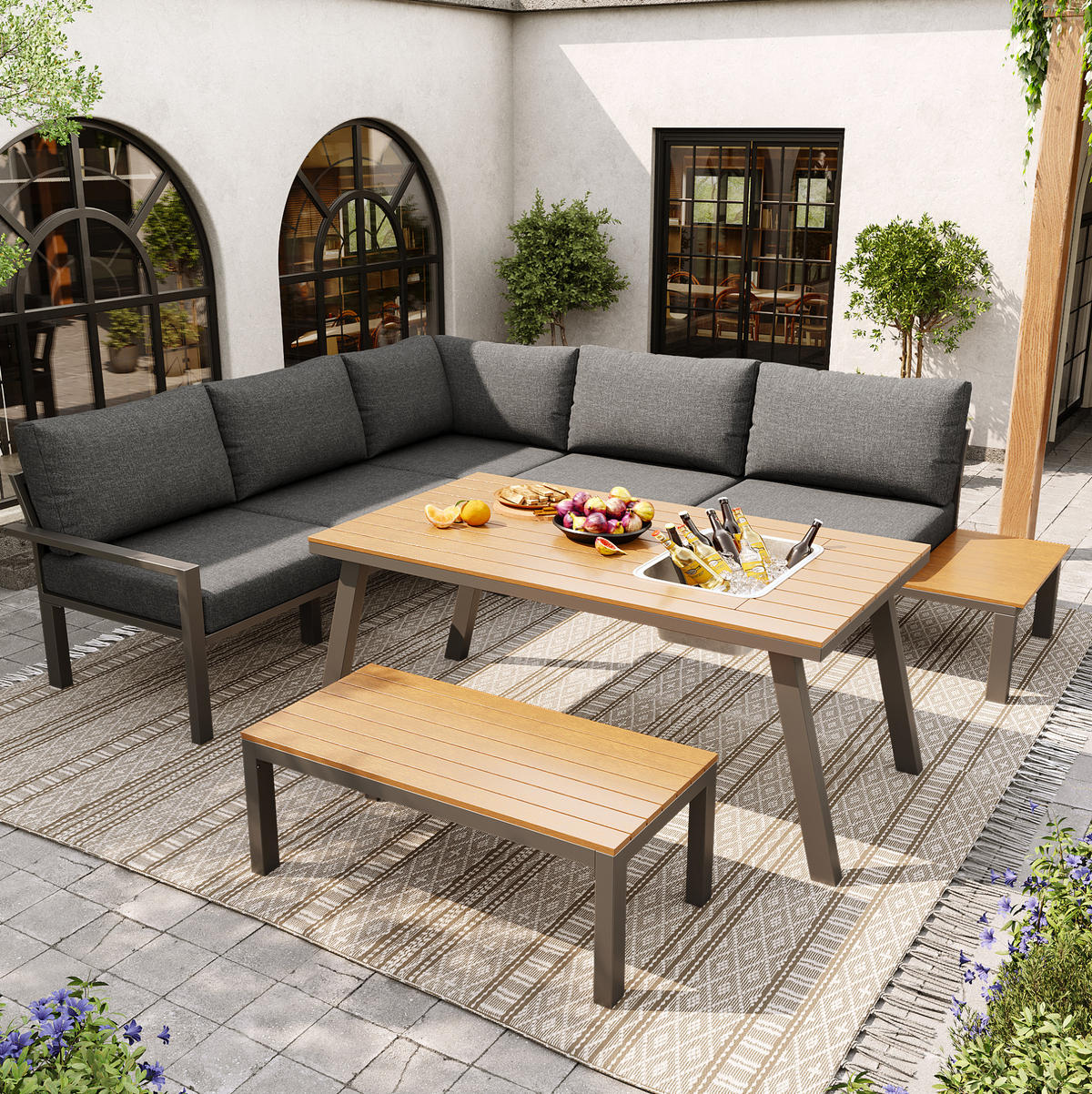 GARTEN-LOUNGE-SET, Metallgestell mit Polstern & Tisch mit Eiskübel, 147/60/65 cm, Grau - Grau, Metall - Redom