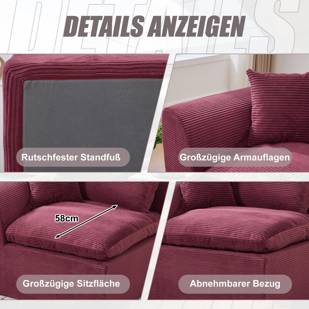 SESSEL Cord-Sofa mit Federkern-Polsterung und Kissen, Montagefrei - Dunkelrot, Textil (101/84/102cm) - Urban Meuble