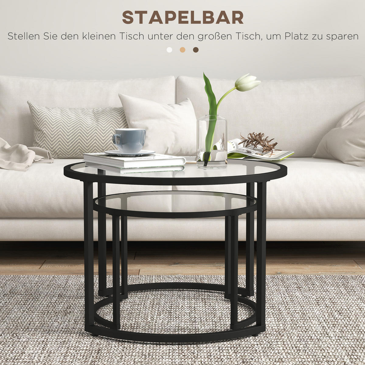 COUCHTISCH 2er-Set, Beistelltisch mit Stahlgestell, Kaffeetisch, Schwarz - Schwarz, Glas/Metall (70/70/47.5cm) - HOMCOM