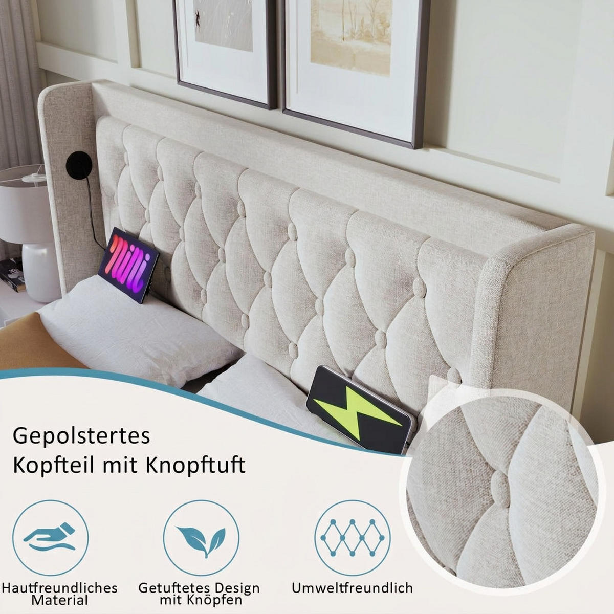 POLSTERBETT 140/200 cm Beige mit USB Typ-C Ladefunktion und 3-seitige LED-Funktion - Beige, Textil (140/200cm) - Oxeza