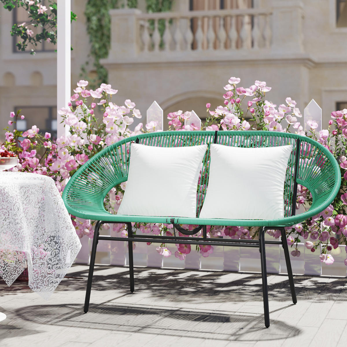 GARTENBANK 2-Sitzer DE-13604 2-Sitzer mit Seilgeflecht, 2 Kissen Dunkelgrün - Dunkelgrün, Metall (132/83/72cm) - ComfortXL