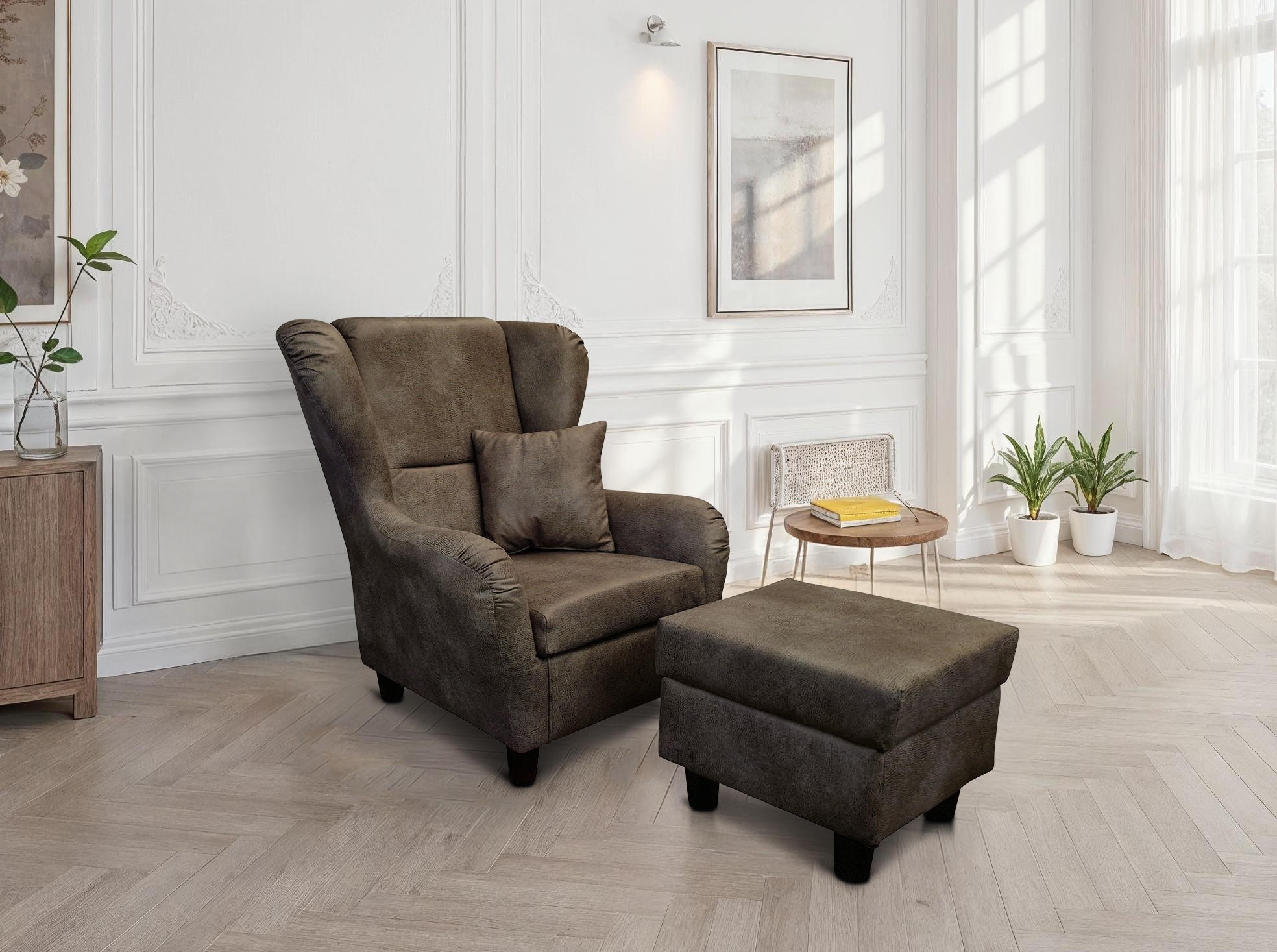 OHRENSESSEL mit HOCKER, hoher Sitzkomfort durch Wellenunterfederung B90/H98/T76 cm, Mikrofaser Leder-Optik Vintage Braun / 18005 - Schwarz/Braun, Holz/Textil (90/98/76cm) - luma-home