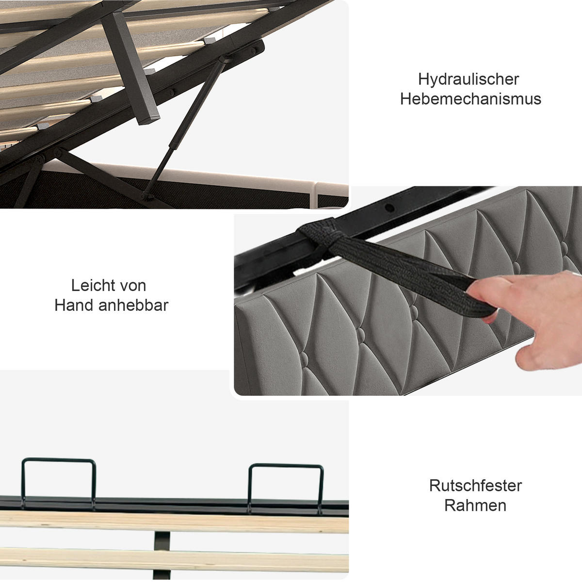POLSTERBETT 90x200 cm Grau mit RGB-LED, USB-C & hydraulischem Stauraum - Grau, Holz (90/200cm)