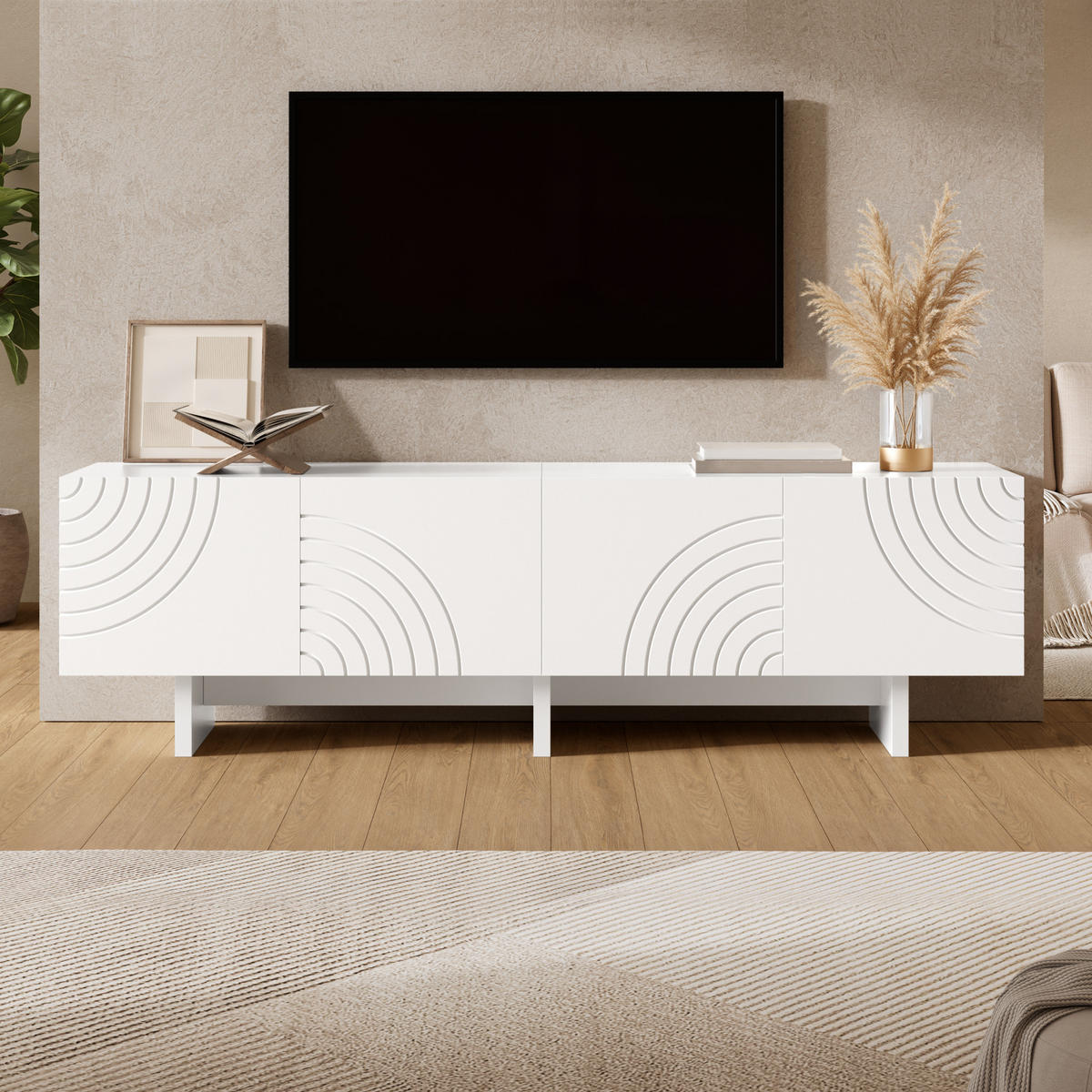 TV-SCHRANK Lowboard 4 Türen Bogenrelief weiß modern - Weiß, Holzwerkstoff (35/50/170cm) - FLIEKS