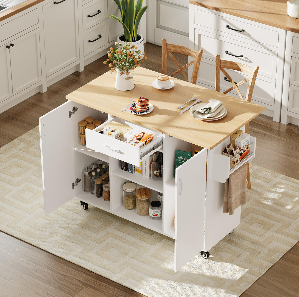 KÜCHENWAGEN mit klappbarer Arbeitsplatte, Schublade und Schränken, White+Natural - Weiß, Holz (67.5/92.8/136.5cm) - Beauniv