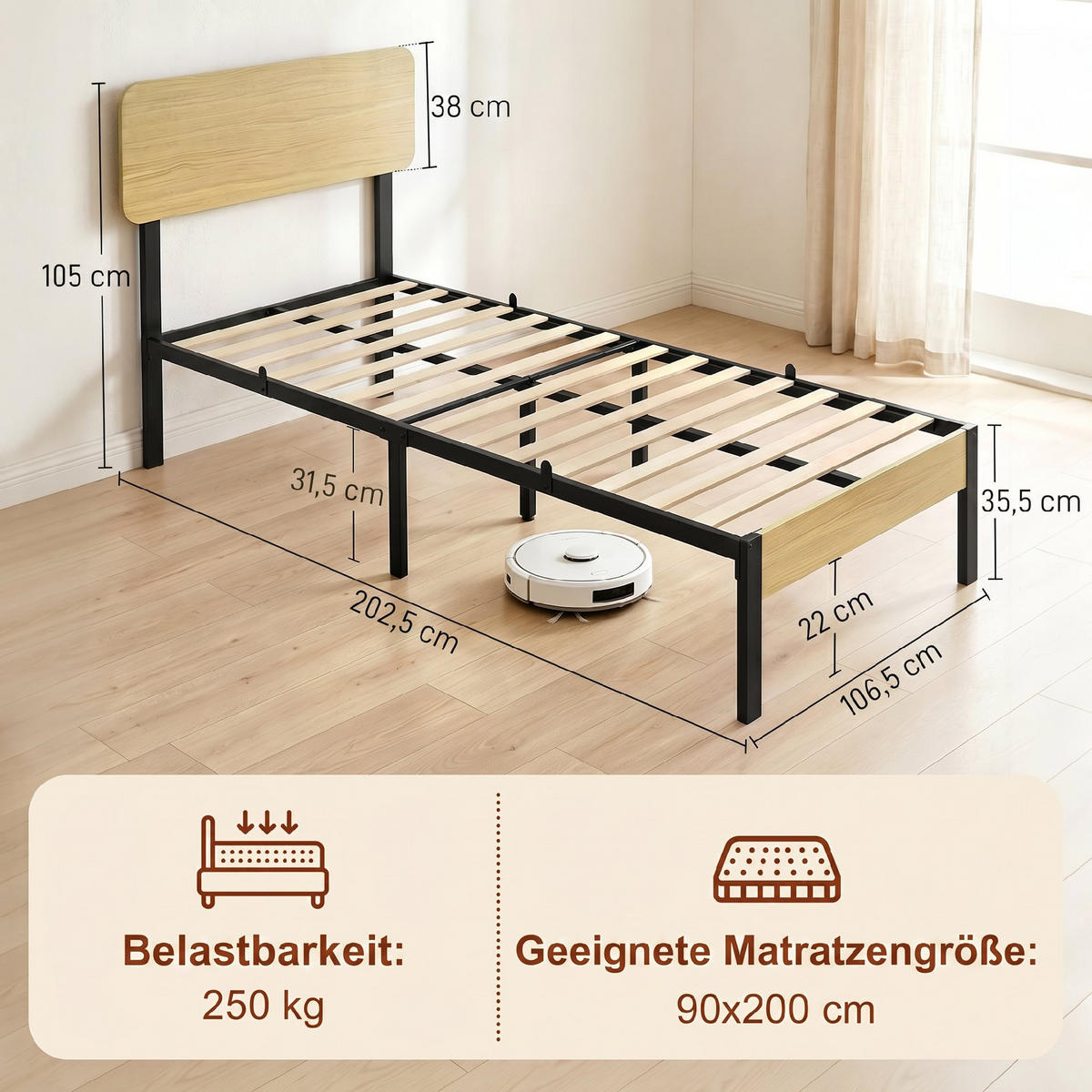 BETTGESTELL Metall Spanplatte Naturholz Schwarz Naturholz - Schwarz, Metall (90/200cm) - HOMCOM