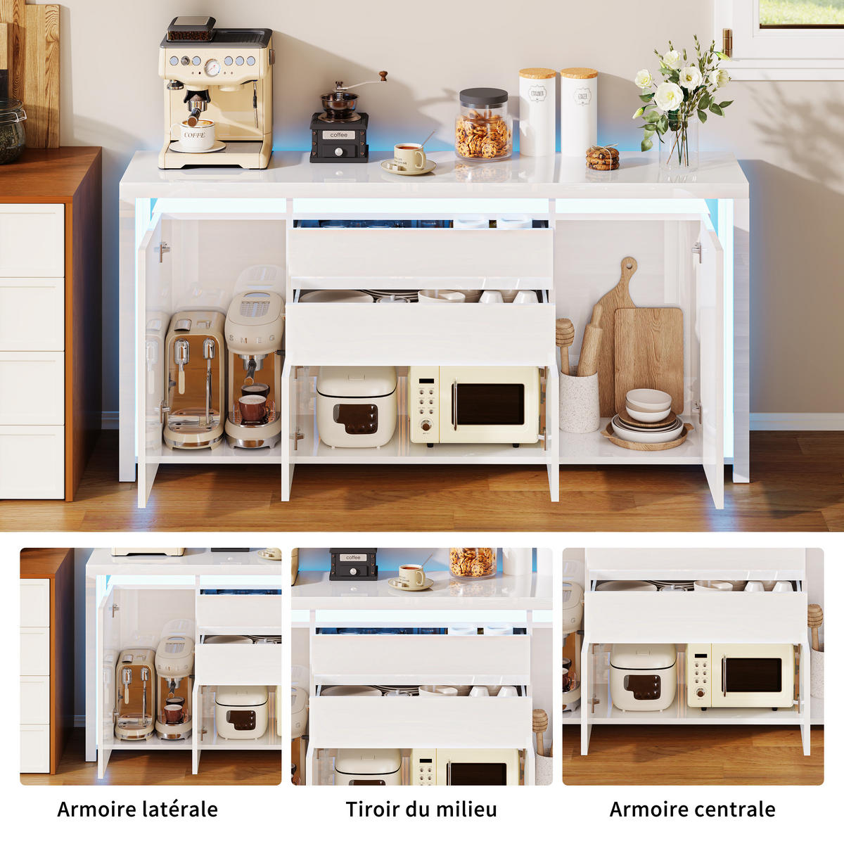 SIDEBOARD 160x35x75 cm 2 Schubladen 4 Türen LED weiß - Weiß, Holz (160/75/35cm) - LEBENLANG