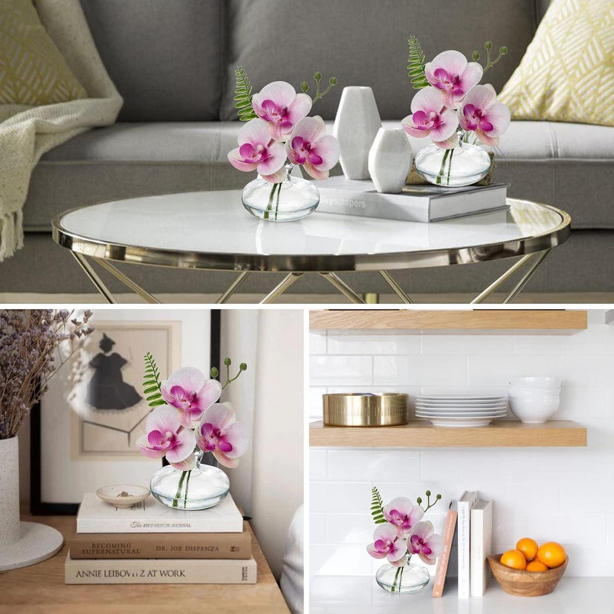 KUNSTBLUMEN 3er Set Kunstorchidee Phalaenopsis mit Glasvase Rosa - Rosa, Kunststoff (12cm)