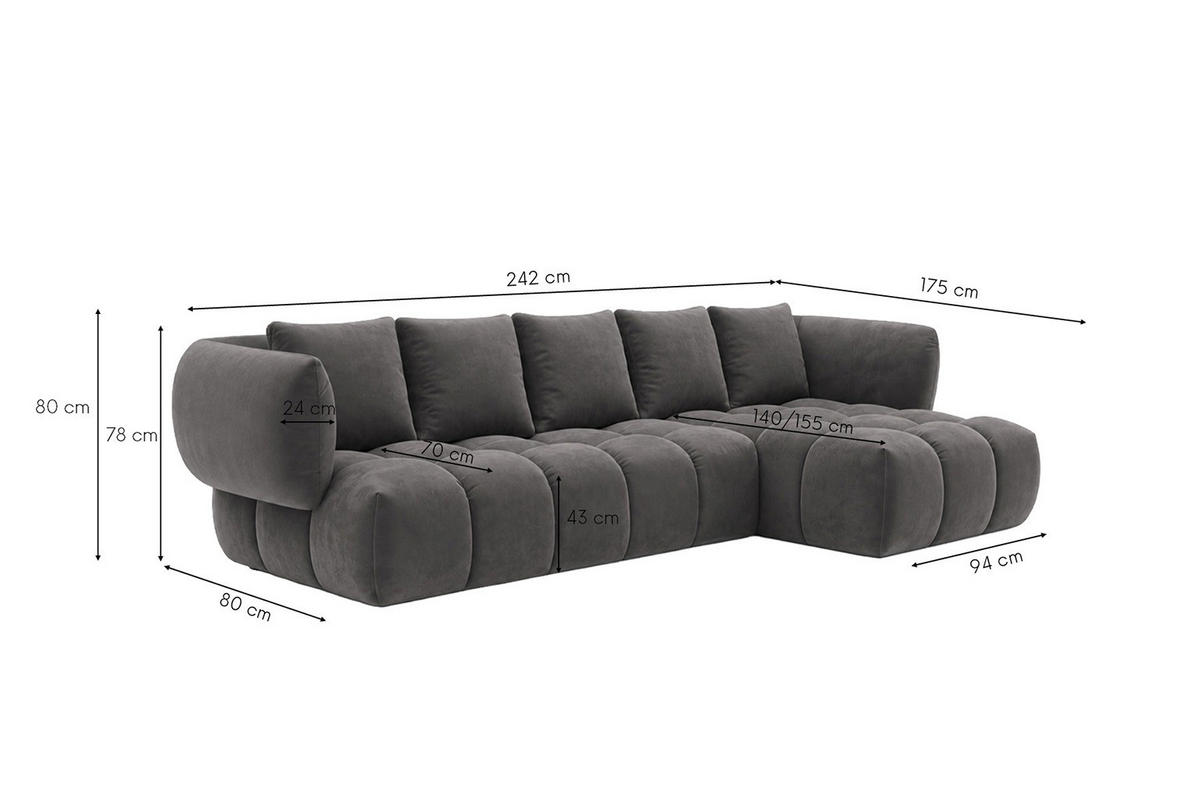 ECKSOFA L-Form, Veloursstoff Bluvel, Aschgrau, Rechts, SEVIO L - Grau, Holz (242/175cm) - Kaiser Möbel