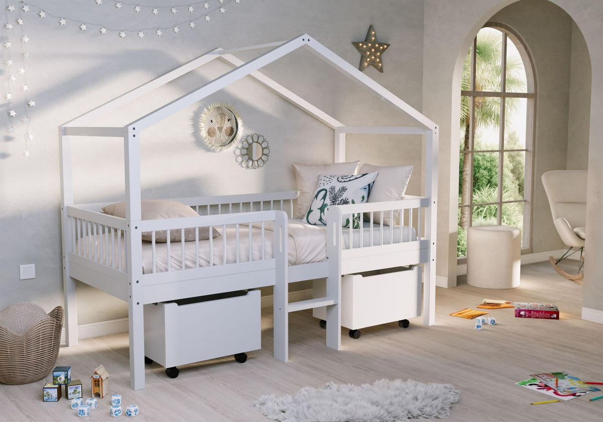 HAUSBETT HALBHOCH 90x200 Keeley Buche Weiß Leiter Boxen - Weiß, Holz (90/200cm) - 58aufmkessel