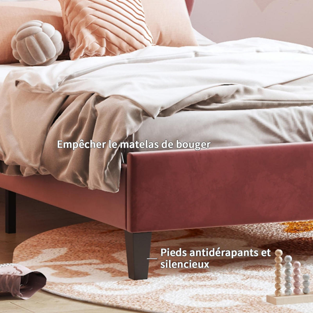 KINDERBETT 90x200 cm Blumen Kopfteil Lattenrost Samt rosa - Rot, Holz (90/200cm) - LEBENLANG