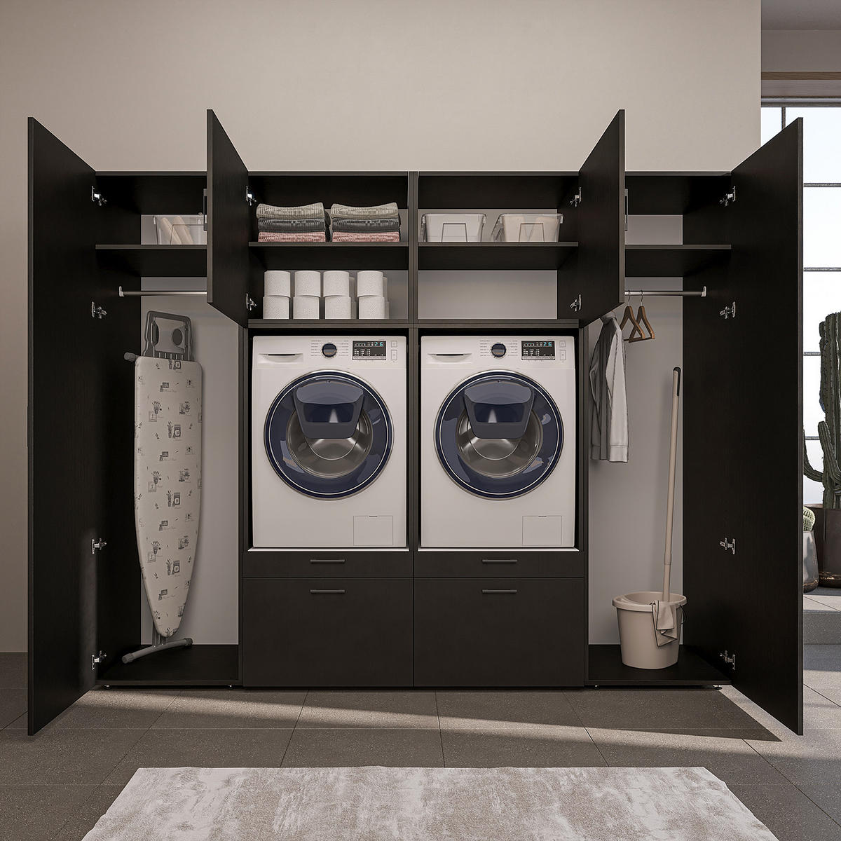WASCHMASCHINENSCHRANK Serie 2 254cm Breit, 205cm Hoch - Schwarz, Holzwerkstoff (254/205/67cm)