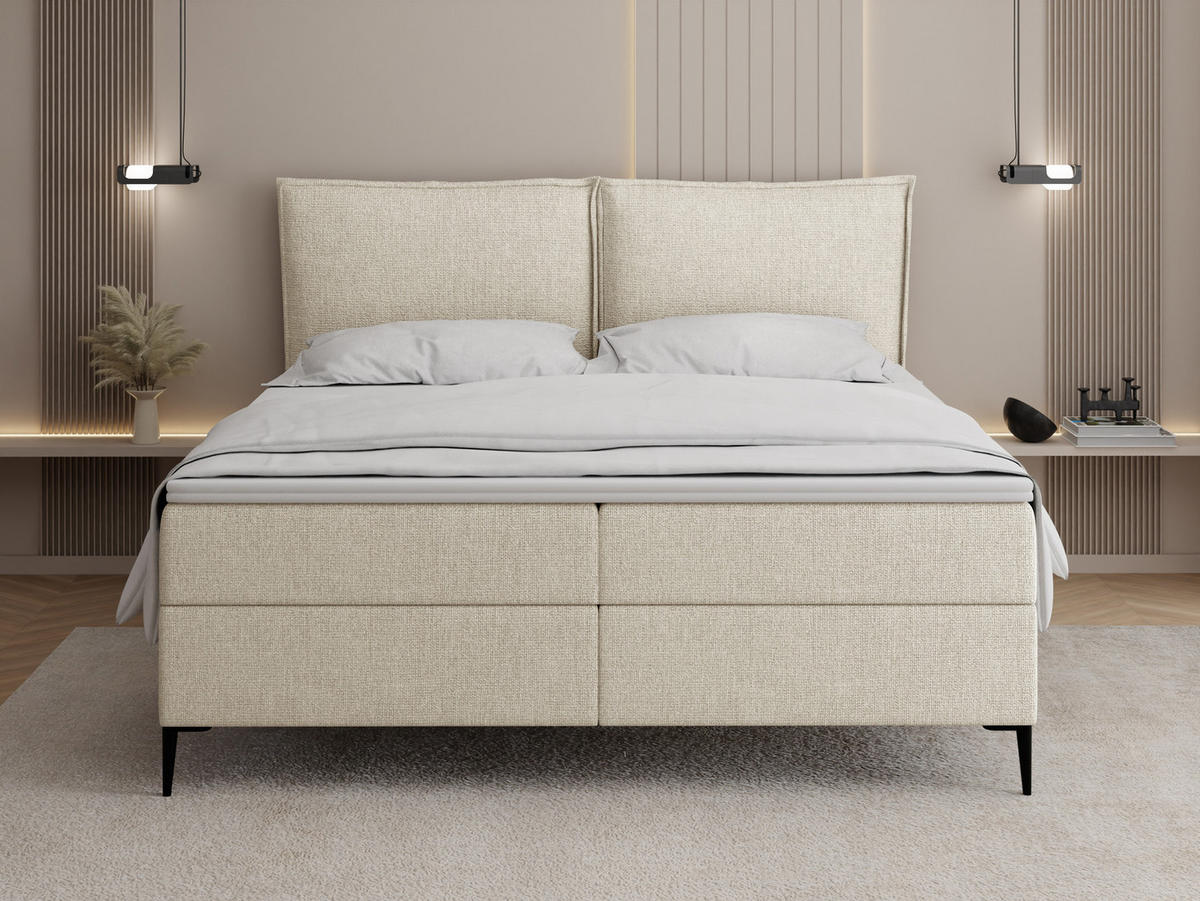 BOXBETT Calio Rise mit Bettkasten, Creme Chenille 120x200 cm – inkl. H4 Taschenfederkern Matratze & Foam Topper - Creme/Schwarz, Holz/Holzwerkstoff (120/200cm) - WFL GROUP