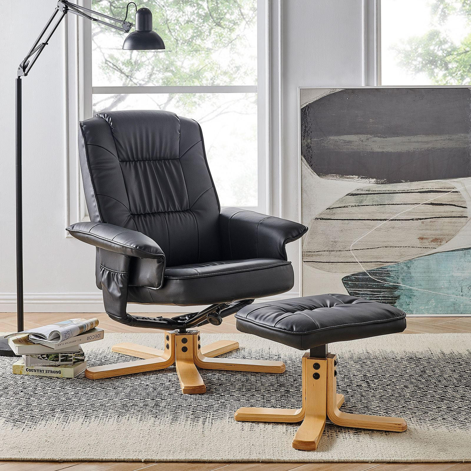 RELAXSESSEL KUNSTLEDER, SET MIT HOCKER CHARLY - Schwarz, Textil (76/87/61cm) - IDIMEX