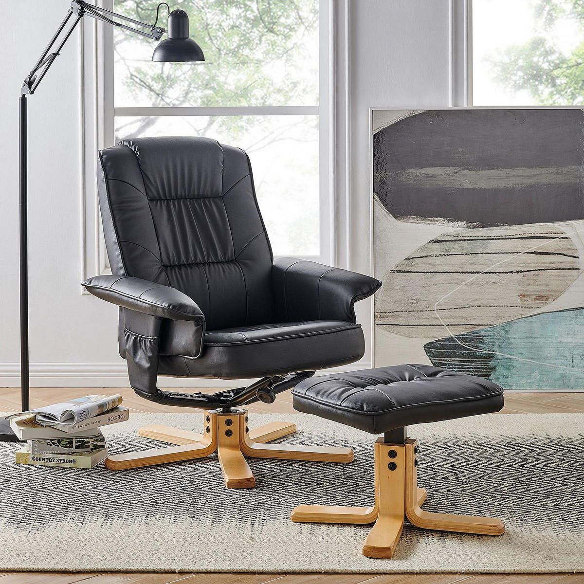 RELAXSESSEL KUNSTLEDER, SET MIT HOCKER CHARLY - Schwarz, Textil (76/87/61cm) - IDIMEX
