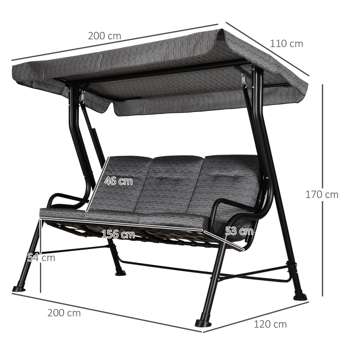 HOLLYWOODSCHAUKEL, Verstellbares Sonnendach, Texteline, Grau, 200 x 120 x 170 cm - Schwarz, Metall (120/170/200cm) - Outsunny
