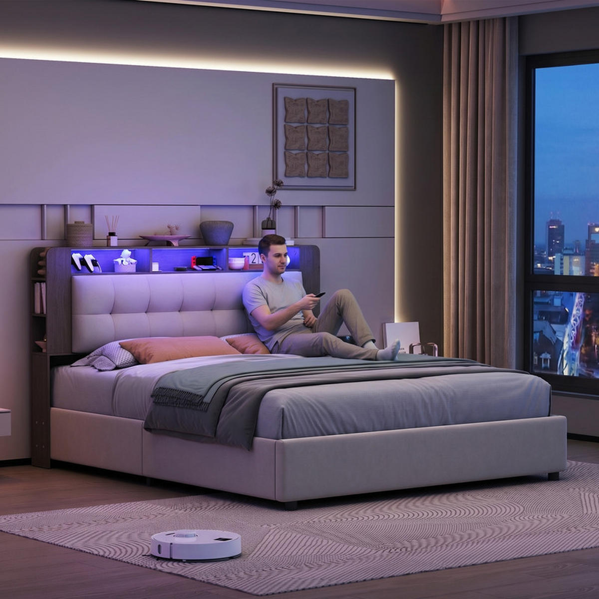ČALÚNENÁ posteľ 140/200 cm biela s úložným priestorom, LED a USB - krémová, drevo - SHOPENTRA