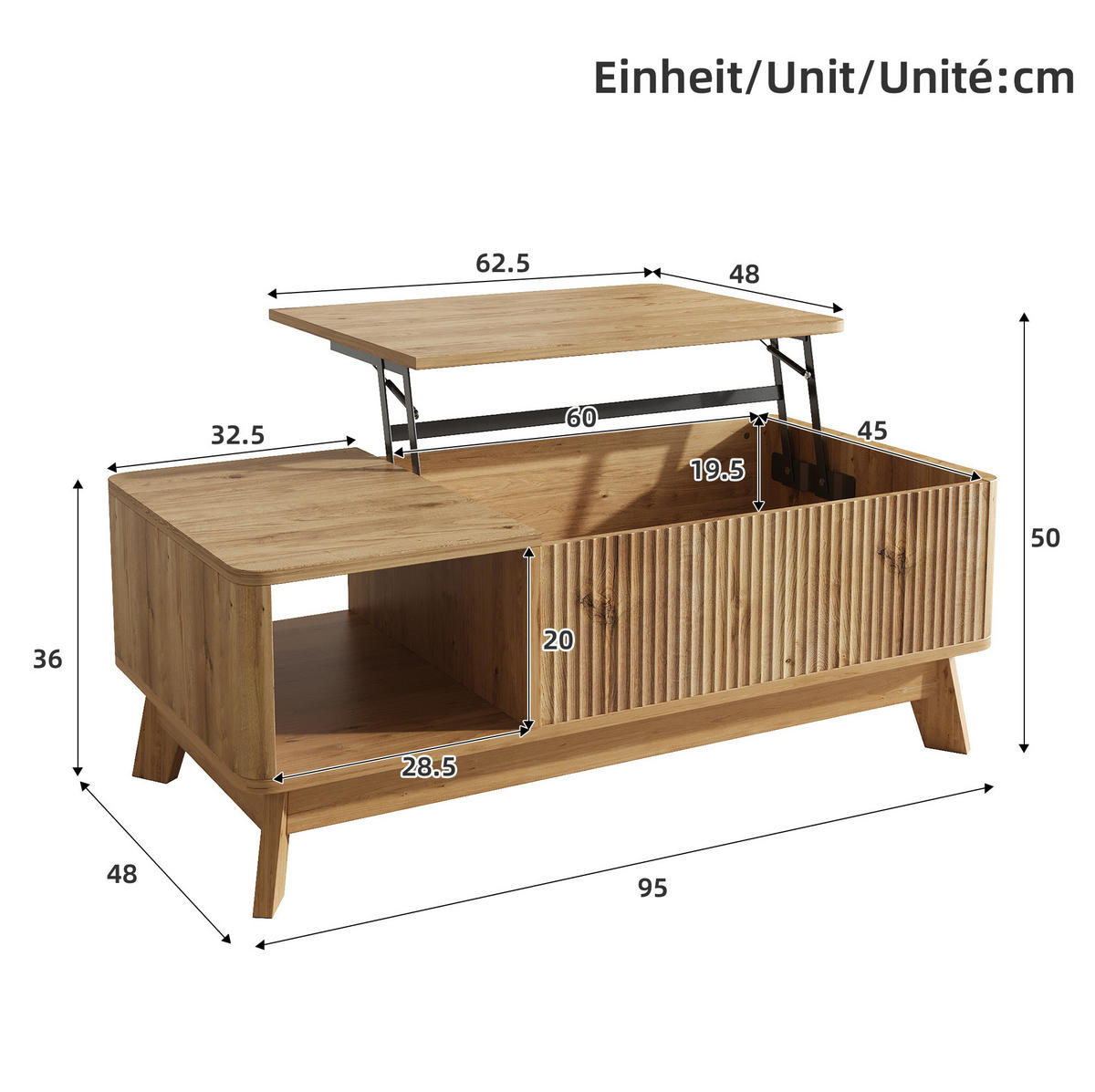 COUCHTISCH aus MDF 95x48x50 cm in Natur mit höhenverstellbarer Tischplatte - Naturfarben, Holzwerkstoff (95/48/50cm) - Modfu