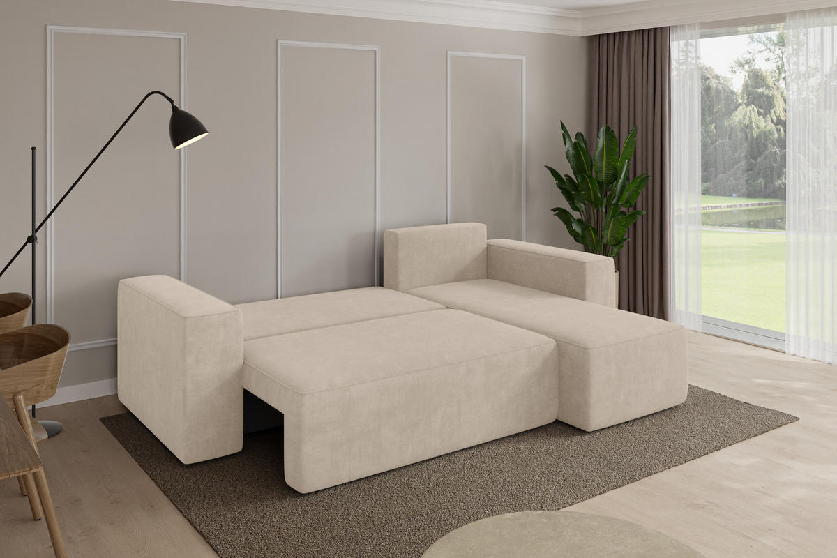 ROHOVÁ SEDAČKA s funkcí spaní, otoman vpravo SENO-L 249x139x85 béžová velur - černá/Sahara, kompozitní dřevo/textil (249/139cm) - ALTDECOR